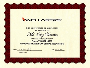 The certificate for successfully completing: Picasso Diode Laser approved by American Dental Association, May 14, 2019